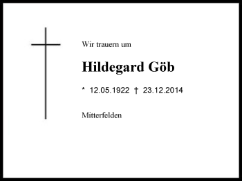 Traueranzeige von Hildegard  Göb von Region Berchtesgadener Land